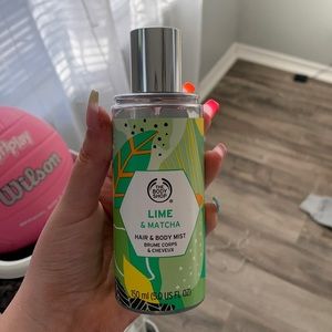 lime and matcha hair and body mist from the body shop.